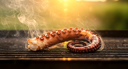Flame-grilled octopus tentacle curling on charcoal grill, smoke wafting into golden hour sunlight

