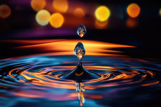 A mesmerizing close-up captures a water droplet impact creating ripples with vibrant orange and blue hues, set against bokeh lights.