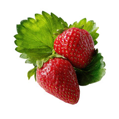 Fresh Strawberries with Leaves on Transparent Background, PNG