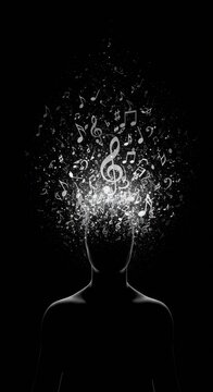 Silhouette with exploding musical notes and symbols