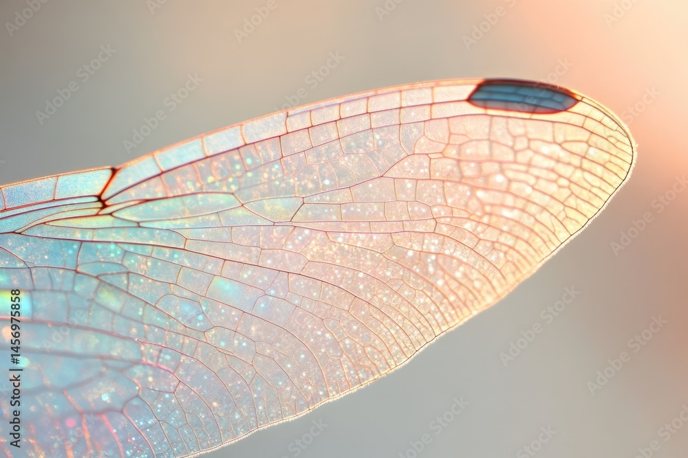Poster a detailed close-up showcasing the intricate veining pattern within a dragonfly's wing, illuminated 