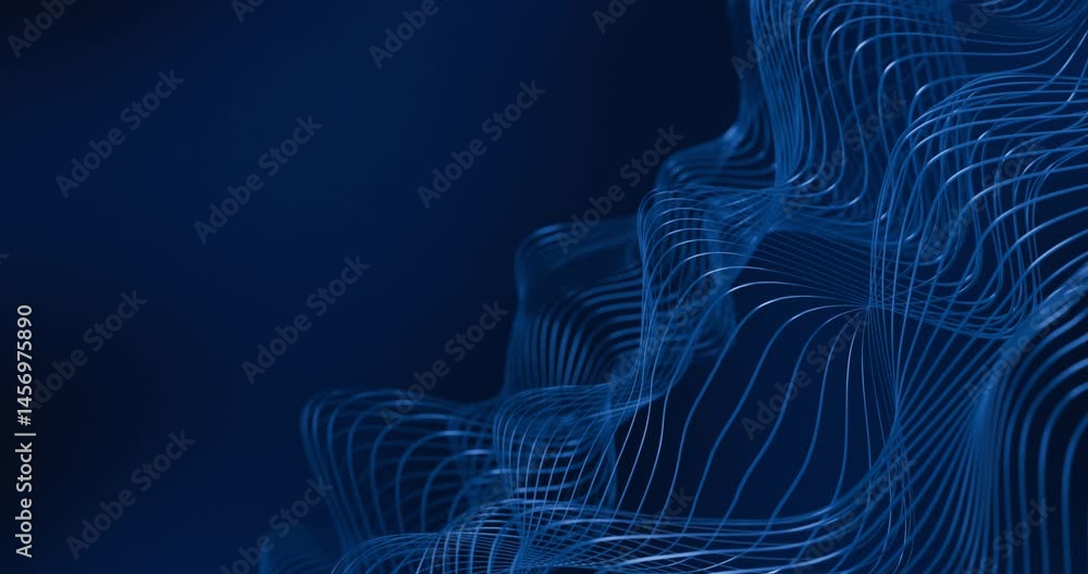 Poster abstract blue wave of digital lines in motion creates a dynamic tech flow on a deep blue background 