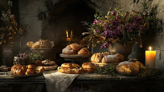 Medieval feast of baked goods.  A rustic display of diverse breads, pastries, and flowers in a dimly lit stone setting