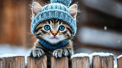 Kitten in a hat on a winter fence. Selective focus. Nature. - Powered by Adobe