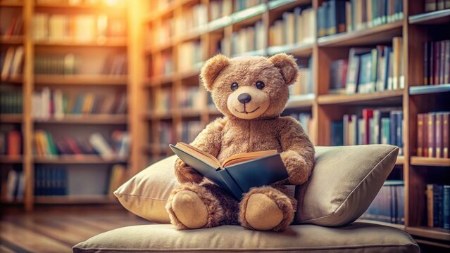 A cuddly teddy bear sitting on a soft cushion