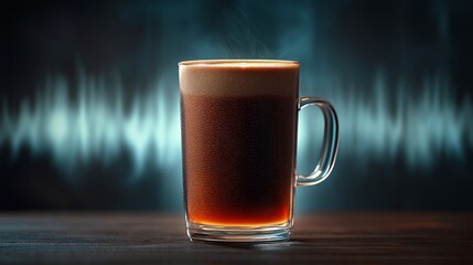 Warm Latte on Wood Table: A steaming mug of latte with creamy froth rests on a rustic wooden surface. The soft, warm glow of the latte is accented by an out-of-focus blue background.