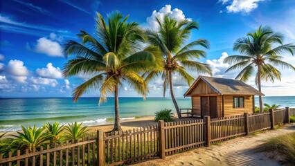 Naklejka premium Seaside bungalow with palm trees and blue sky , wooden fence, ocean view