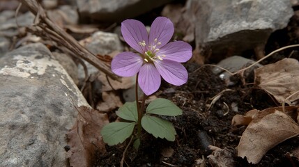 Stunning Purple Flower Blooming Among Rocks and Dry Leaves
