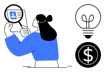 Woman examines ID card with magnifying glass, accompanied by lightbulb and dollar coin. Ideal for innovation, recruitment, finance, identity verification, strategy, solutions HR processes. Flat