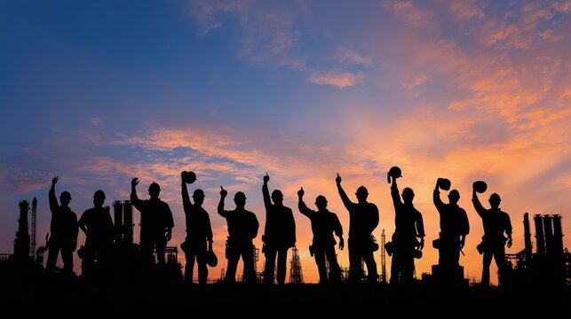 Diverse Industrial Workers Silhouetted at Sunset