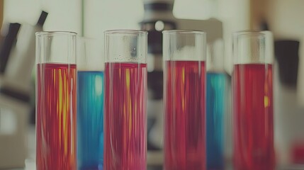 Colorful liquid samples in laboratory glassware.