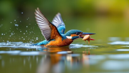 Obraz premium A vibrant kingfisher catches a fish while emerging from the water, wings spread and droplets splashing around.