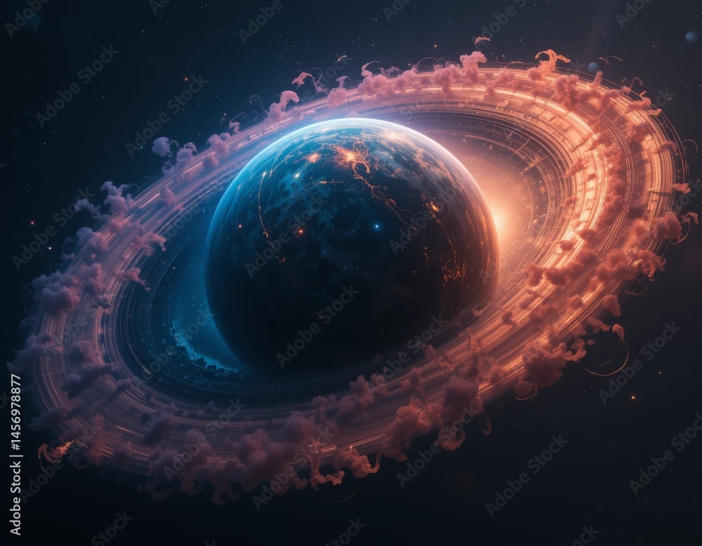 Poster a stunning image of an enigmatic planet surrounded by swirling dust rings, set against a dark backdr