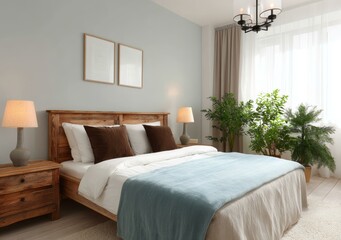 Cozy Bedroom Interior with Wooden Furniture and Plants