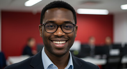 Fototapeta premium Smiling African American Man in Blue Shirt and Jacket in Office Setting with Red Wall