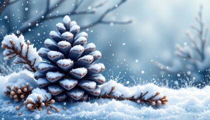 charming snowy pinecone in an illustrative style, using charcoal and frost blue palette, gentle shapes, textured scenery, calm feel, high resolution