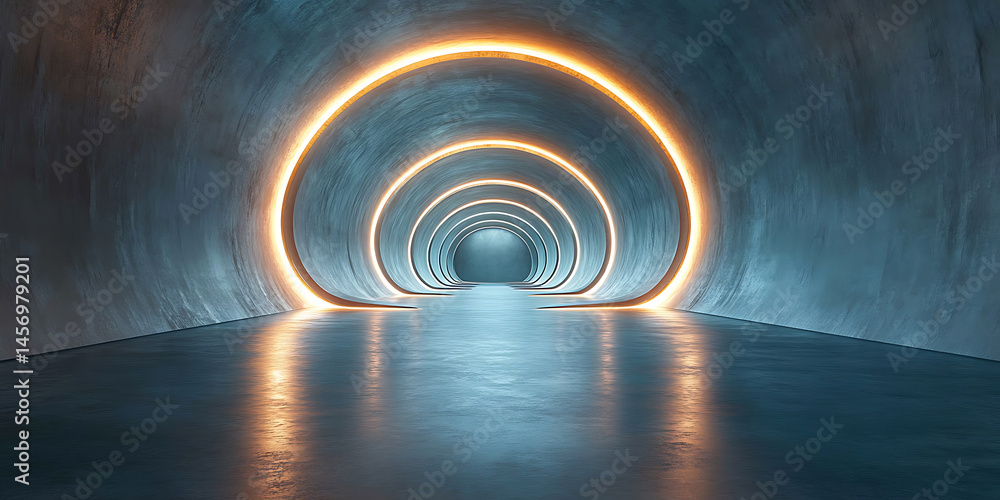 Poster abstract concrete tunnel with glowing circular lights leading to an exit point in the distance