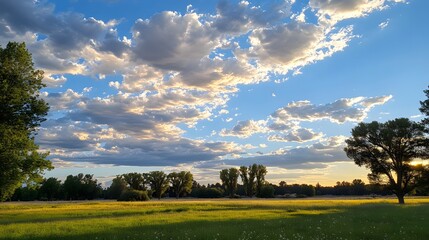 Scenic Sunset Meadow Landscape with Dramatic Clouds