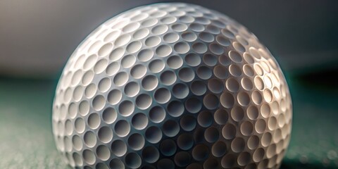 Close-up of golf ball with subtle texture, showing faint grid patterns and slight imperfections, highlighting its precision engineering, athletic goods, golf club headcover