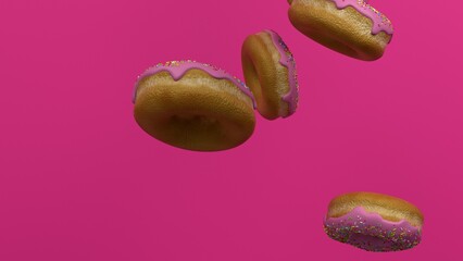 Floating donuts with pink icing against a vibrant background