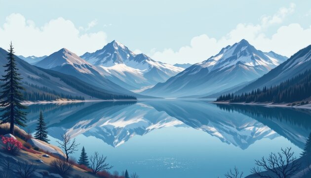 charming alpine lake in an illustrative style, using icy blue and slate palette, gentle shapes, textured scenery, calm feel, high resolution