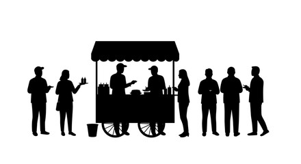 People waiting in line at a food cart silhouette  