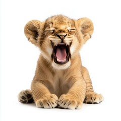 Obraz premium Adorable Roaring Lion Cub PNG on White Background for Cute Animal Designs, Cute Lion Cub Yawning on White Background