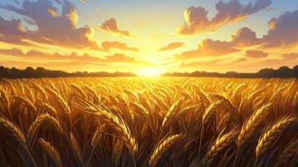 Obraz premium Golden Wheat Field at Sunset Illustration