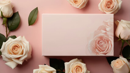 Cream roses and pink gift box on pastel background, elegant floral flat lay for Mother's Day or romantic celebration