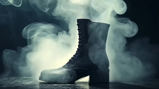 Stylish black combat boot surrounded by dramatic smoke, showcasing modern fashion in a moody setting