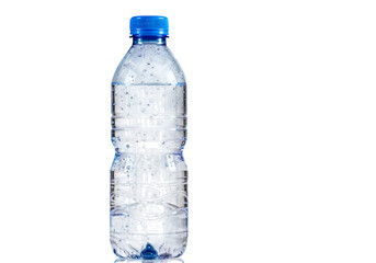 Blue plastic water bottle on black background