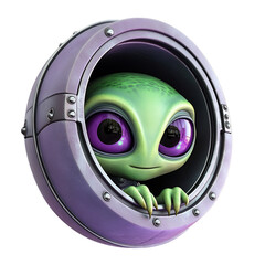 Cartoon Alien Peeking Out of Spaceship Hatch Isolated on Transparent Background
