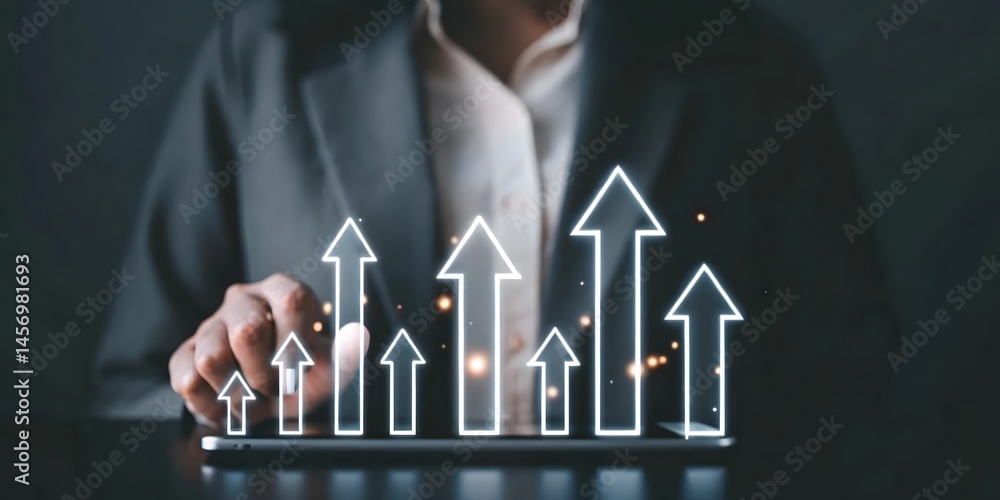 Poster businessman showing percentage icons and up arrow icons with graph indicators. concept of financial 