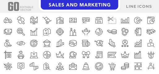Sales and Marketing line icon set. Management, SEO, target, ad, analytics, conversion, pipeline, lead generation, retention, sales funnel line icon set. UI thin line icon pack.