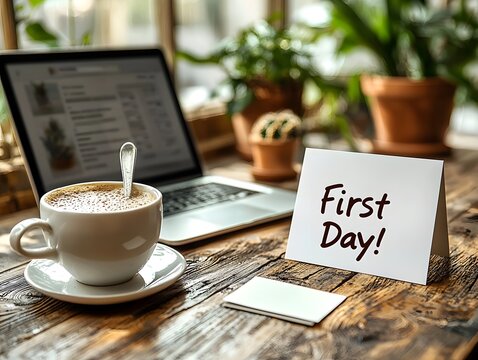 First day at a new job celebrated with coffee and a welcome card