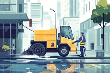 Naklejka premium street scene depicting worker using yellow cleaning vehicle to wash urban sidewalk. concept of city maintenance and cleanliness. urban environment, street cleaning. municipal employee