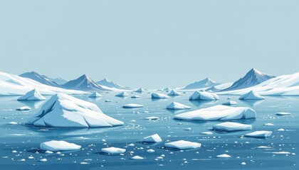 charming ice floe in an illustrative style, using pale blue and grey palette, gentle shapes, textured scenery, calm feel, high resolution