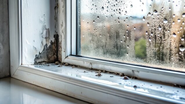 Droplets of condensate fall from a substandard metal-plastic window, leaving behind a layer of black mold and discoloration