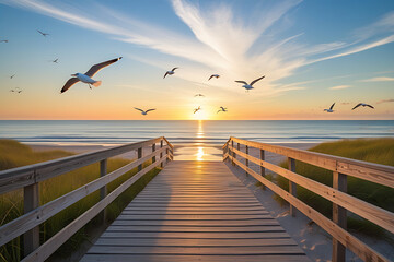 Sunset sky over the lake with a wooden bridge reaching towards the horizon