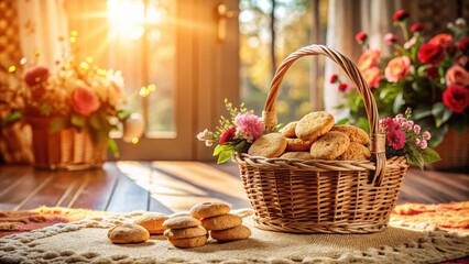 A wicker basket filled with freshly baked cookies sits on a burlap cloth, bathed in warm sunlight, next to a few more cookies and surrounded by vibrant floral arrangements in the background.