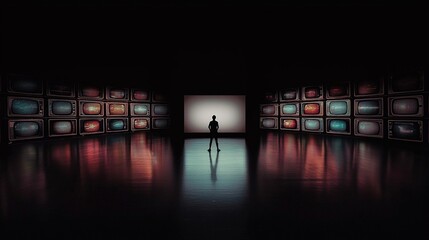 Silhouette figure facing numerous vintage televisions.