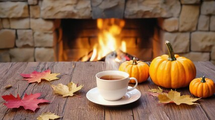 Autumnal cozy scene with tea and pumpkins near fireplace