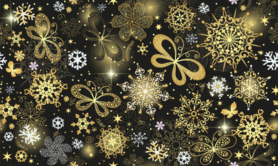 Vector seamless winter black pattern with doodle golden snowflakes and gradient spots and butterflies. For textile, wallpaper and packaging