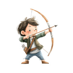 Obraz premium Young Archer Aiming Arrow: Character illustration of a child drawing back a bow and arrow.