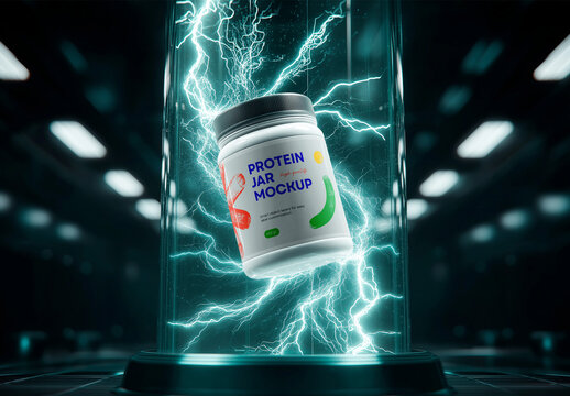 Futuristic Protein Jar Mockup &ndash; Dynamic Electric Chamber Scene for Sports Supplement Branding