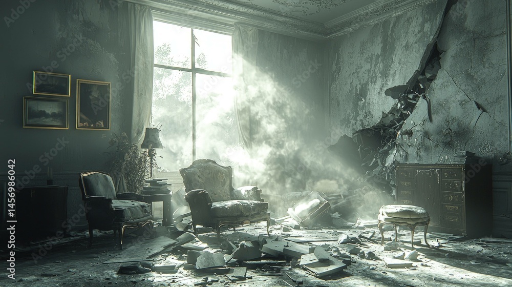 Poster mysterious interior with object illuminated by light creating dramatic shadows