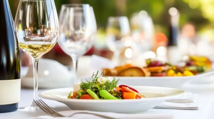 Elegant dining scene featuring a gourmet salad, fine wine, and a beautifully set table outdoors