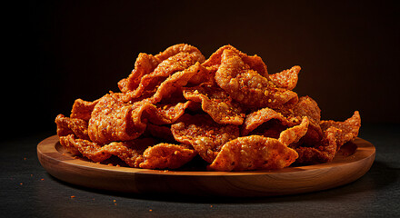 Spicy chicharrón bulaklak served on wooden platter, texture and seasoning fully visible in low-light dramatic booth shot

