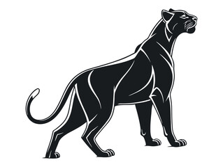 Black Panther Silhouette on a Rocky Outcrop, panther, leopard, silhouette, black, white, wildlife, animal, cat, feline, jungle, nature, graphic, design, Panther Silhouette Standing on a Rock, side vie