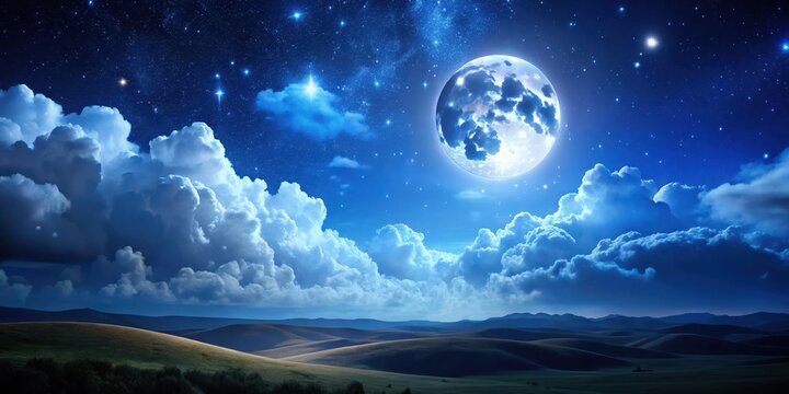 A dark blue sky with fluffy white clouds and stars shining through, set against a backdrop of rolling hills under a full moon , starry